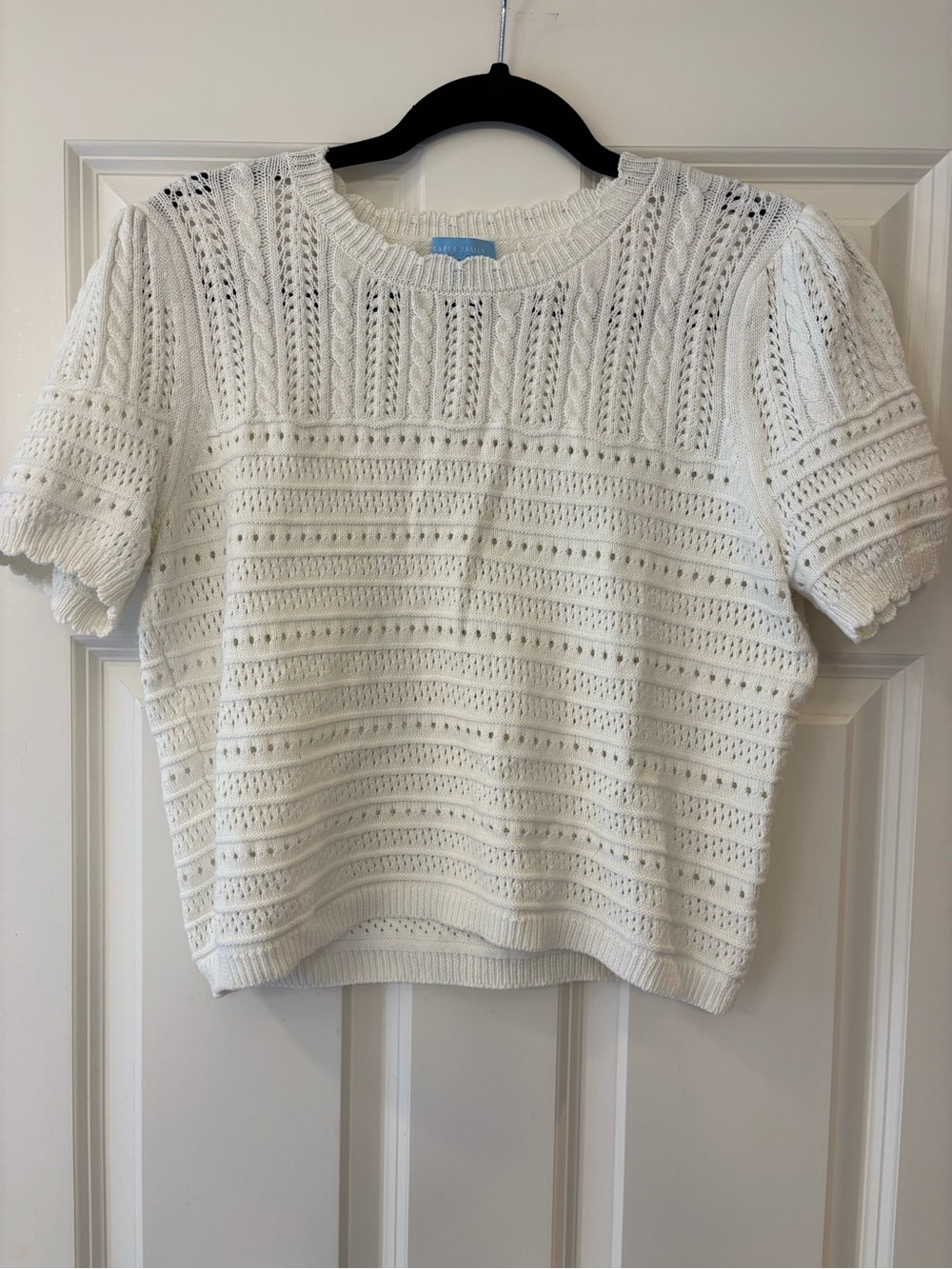Draper James White Pointelle Knit Short Sleeve Sweater size L
